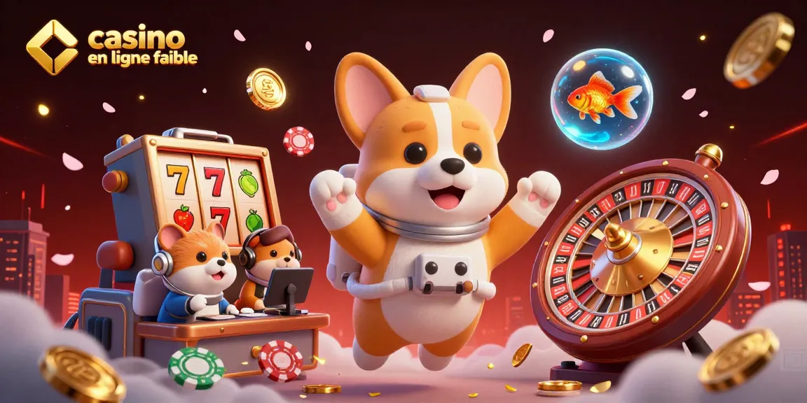 Illustration dynamique d'un casino en ligne fiable avec un corgi astronaute et des éléments de jeu flottants.