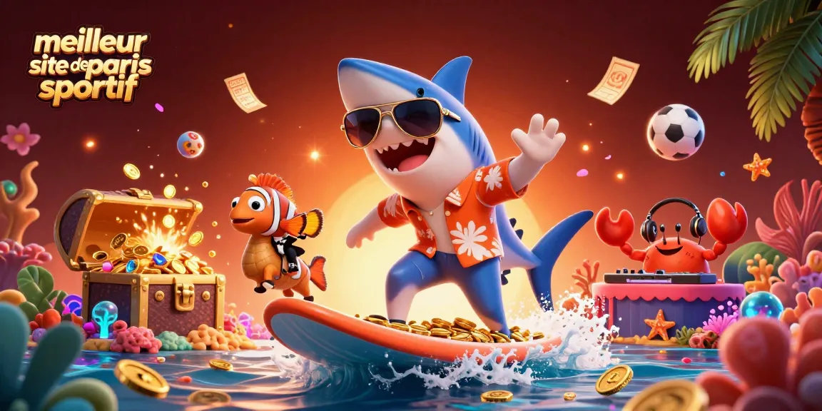 Illustration captivante du meilleur site de paris sportif avec un requin surfeur entouré d'éléments de jeu aquatique.