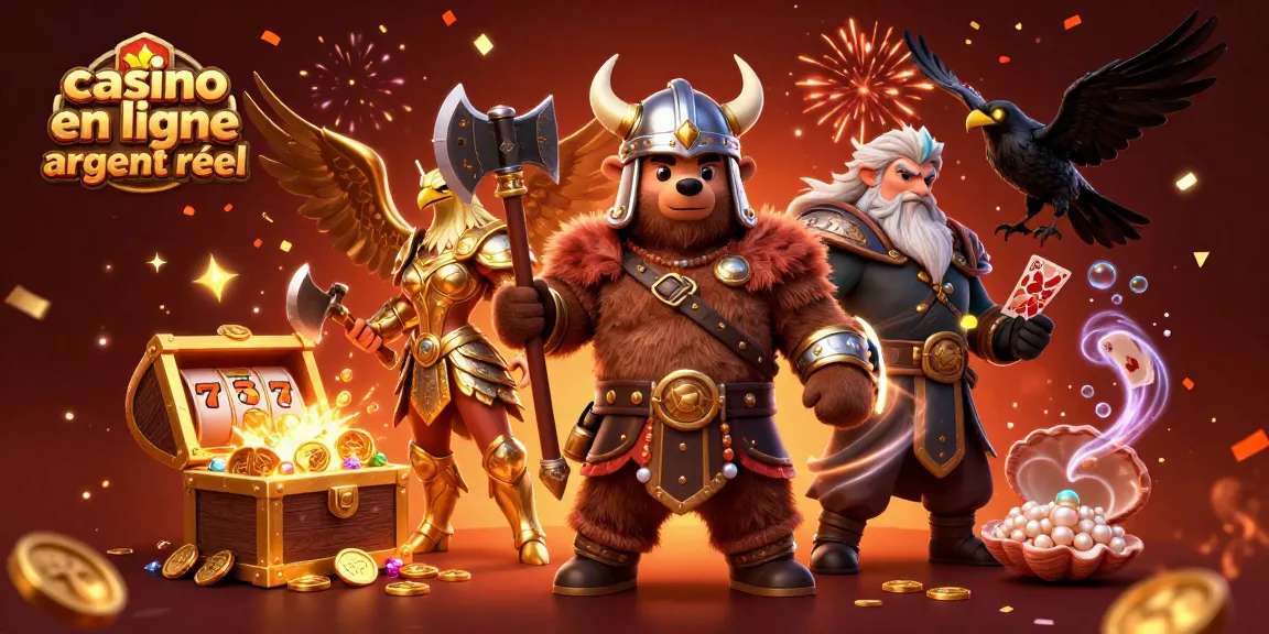 Graphique vibrant de casino en ligne argent réel où un ours viking et une Valkyrie s'affrontent au milieu de trésors, jouant et gagnant.