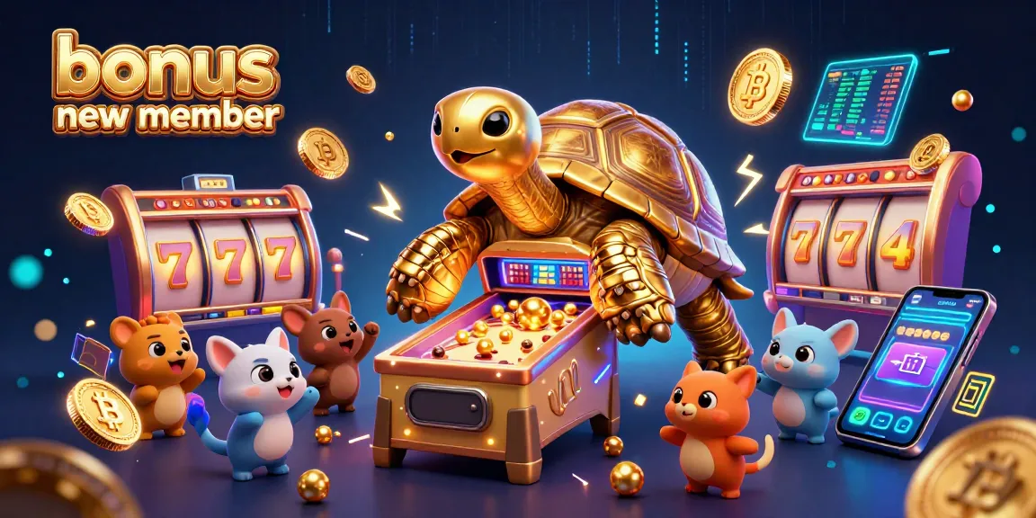 Engage with the bonus new member offer while enjoying vibrant 3D slot gaming in a lively casino scene.